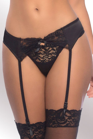 Black Bow Knot Mesh Contrast Garter Belt with Thong